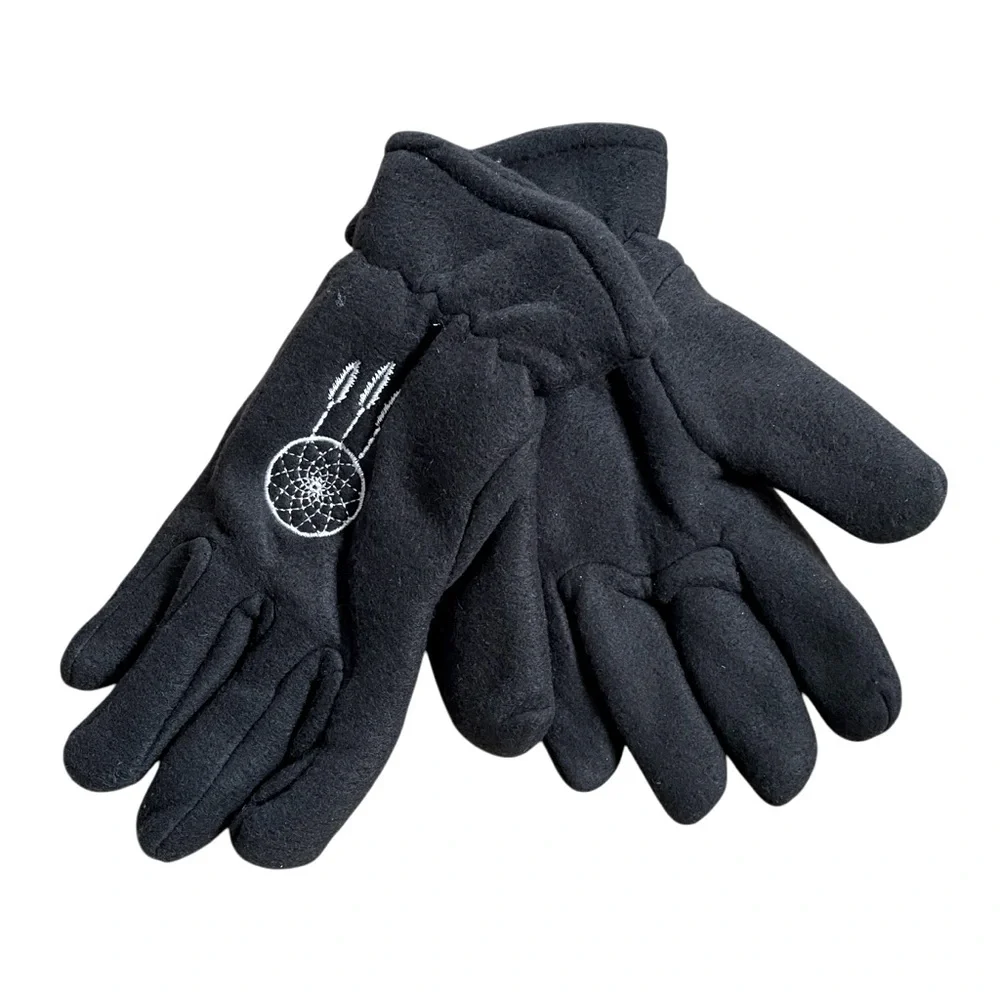 Women’s Fleece Winter Gloves Lined Black Embroidered White Dreamcatcher Motif